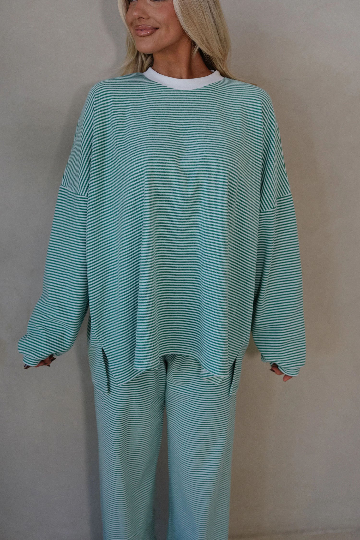 Pink Striped Drop Shoulder Long Sleeve Top and Pant Set