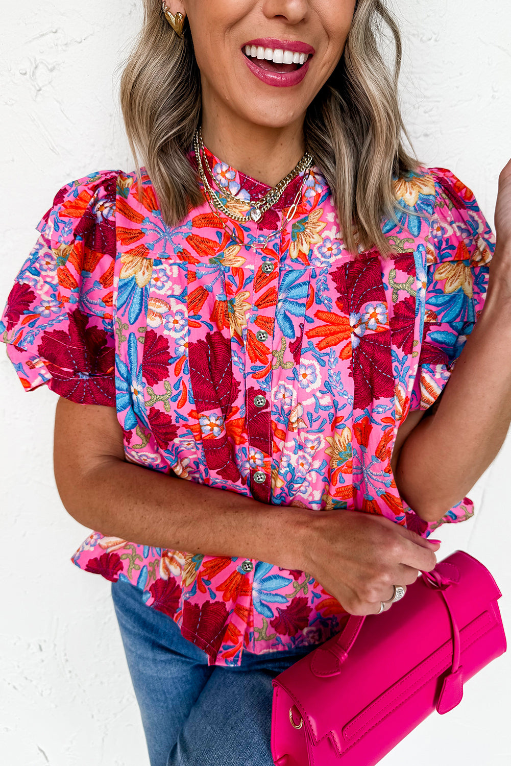 Pink Floral Bubble Sleeve Shirt
