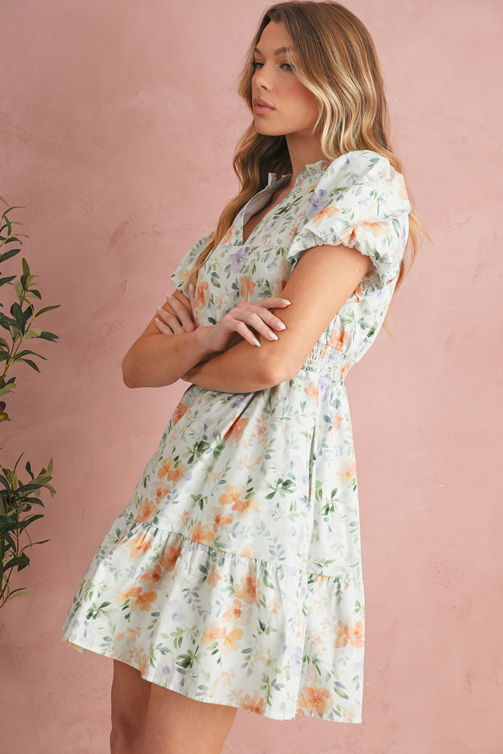 Beige Floral Smocked High Waist Puff Sleeve Mini Dress