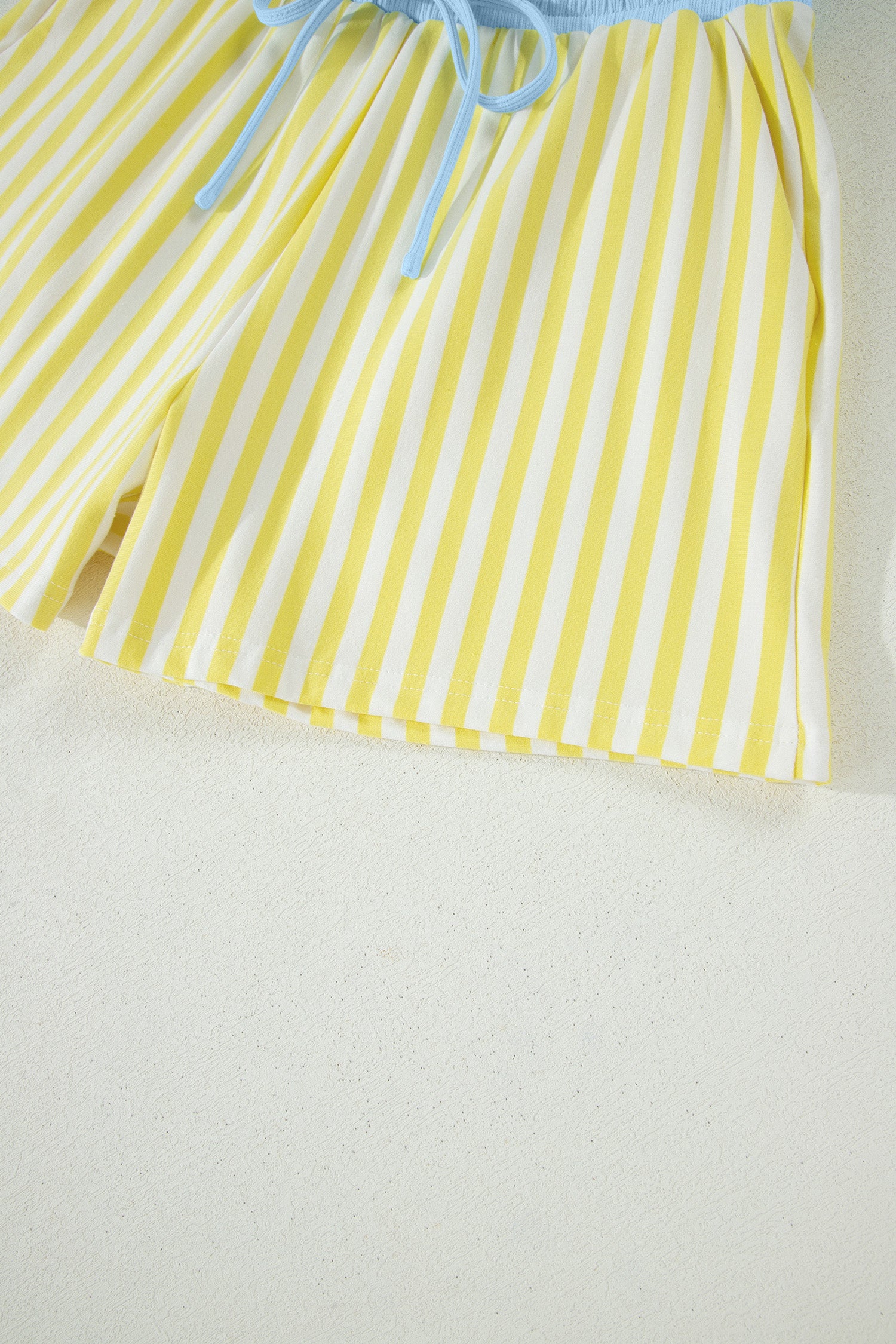 Pink Stripe Colorblock Tee Drawstring Elastic Waist Short Set