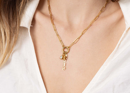 18K Gold Stainless Steel Mama Charm Holder Necklace Gift Set: Gold