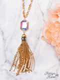 WATCH THE SUNSET WITH ME IRIDESCENT PENDANT WITH GOLD CHAIN TASSELS ON A MIXED CRYSTAL BEADED NECKLACE, WHITE: White / One Size