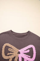 Contrast Terry Bow Pattern Drop Shoulder Sweatshirt (S-XL): Purple / Missy