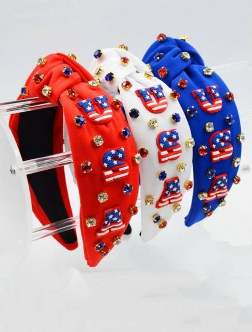 4TH OF JULY USA RHINESTONE STUD HEADBAND | 40HB164: Red