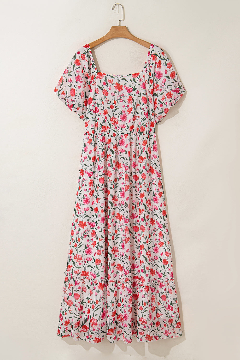 Pink Floral Puff Sleeve Tiered Maxi Dress