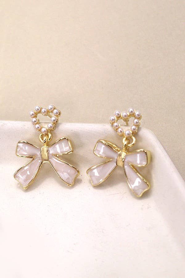 BOW HEART PEARL DROP EARRINGS | 80E3002: Gold