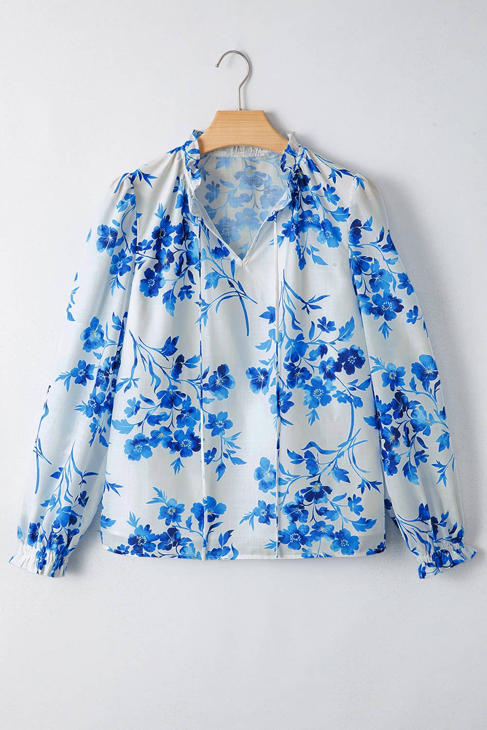 Floral Long Sleeve Lace-up V Neck Blouse (S-XL): Blue / Missy