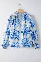 Floral Long Sleeve Lace-up V Neck Blouse (S-XL): Blue / Missy
