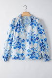 Floral Long Sleeve Lace-up V Neck Blouse (S-XL): Blue / Missy
