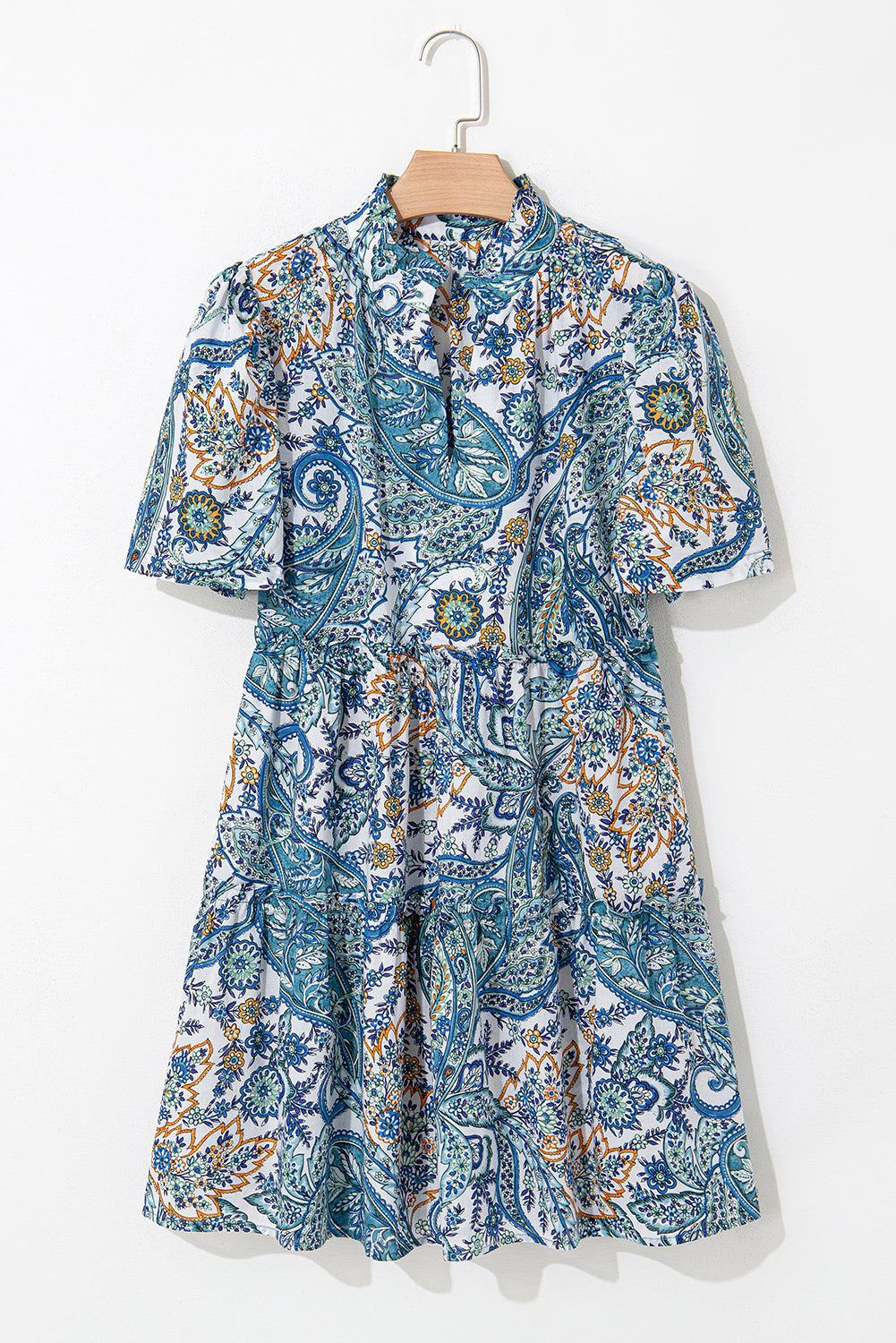 Blue Bohemian Paisley Floral Puff Sleeve Mini Dress