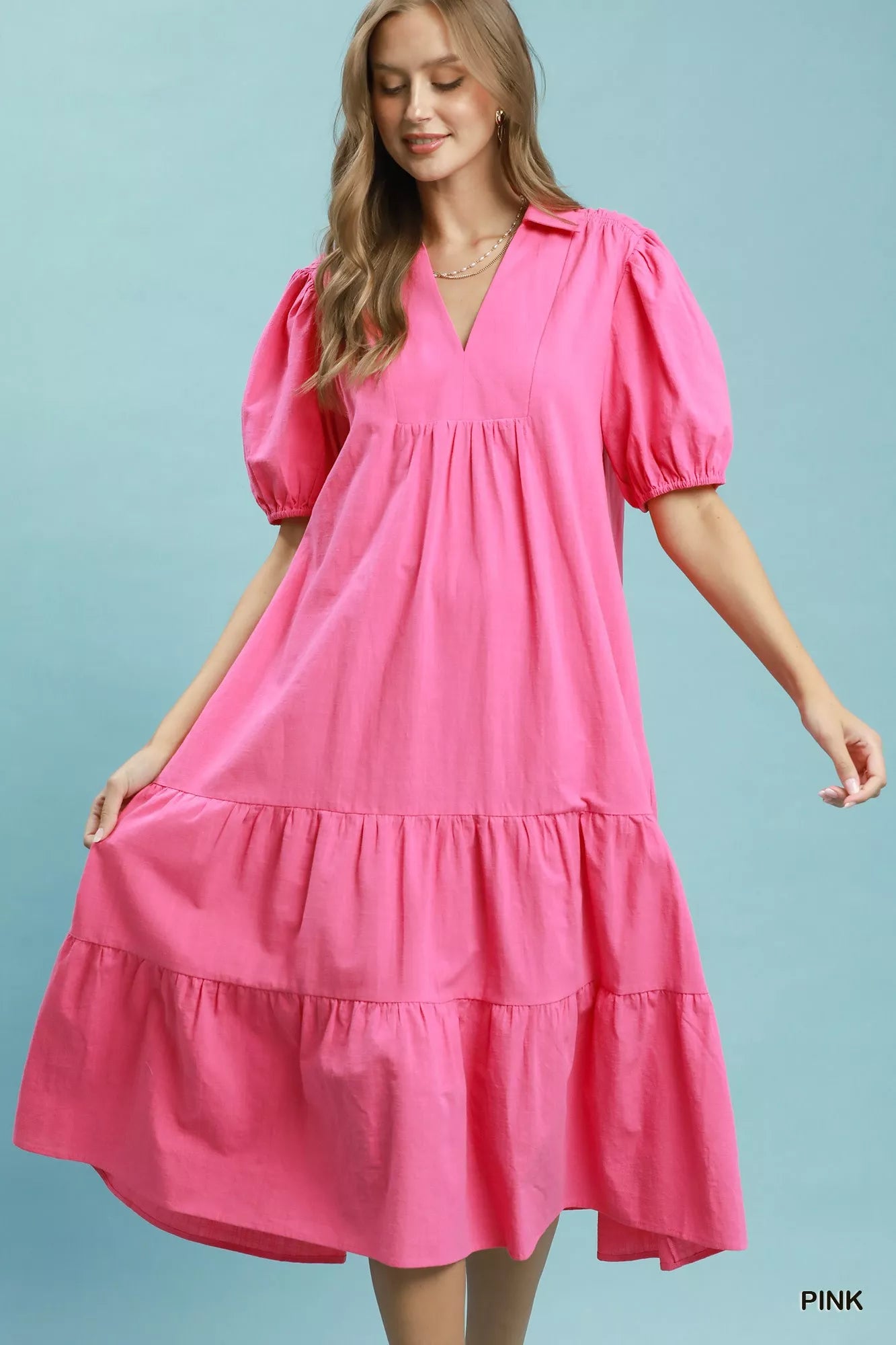 umgee collared tiered midi dress Umgee Women's Collared V-Neck Midi Dress - Blue, Size Medium