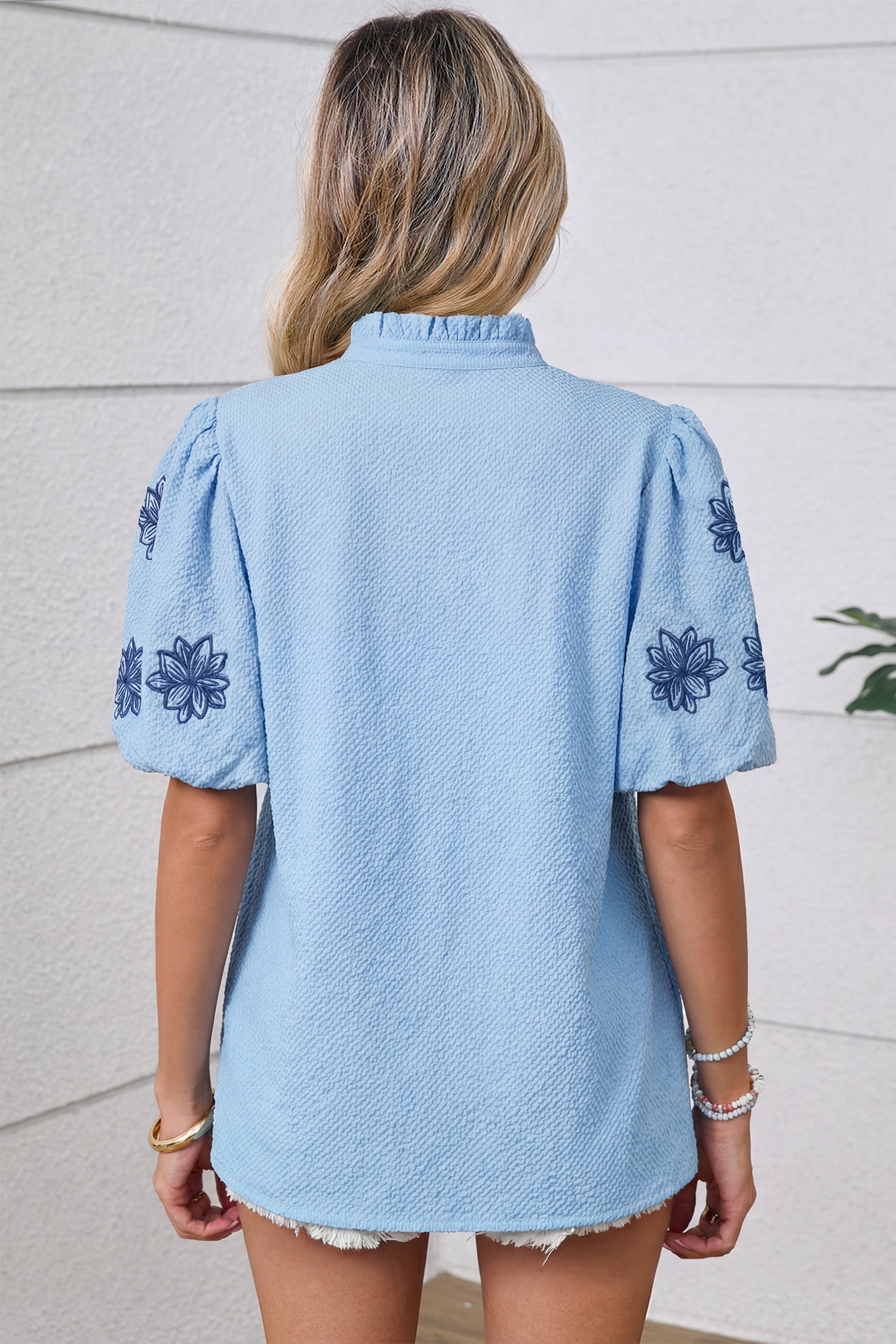 Beau Blue Flower Embroidered Puff Sleeve Blouse