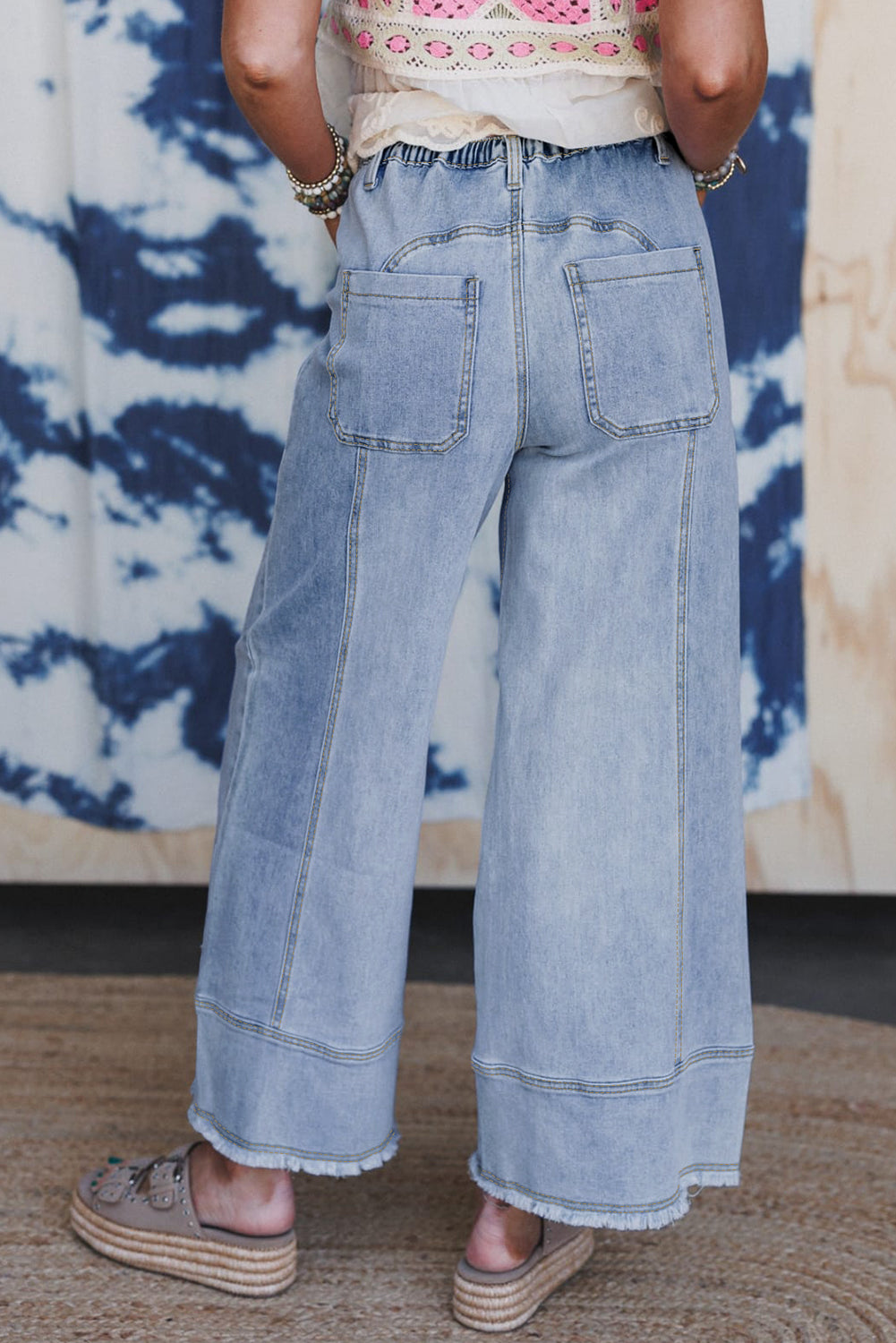 Beau Blue Drawstring Raw Hem Wide Leg Jeans