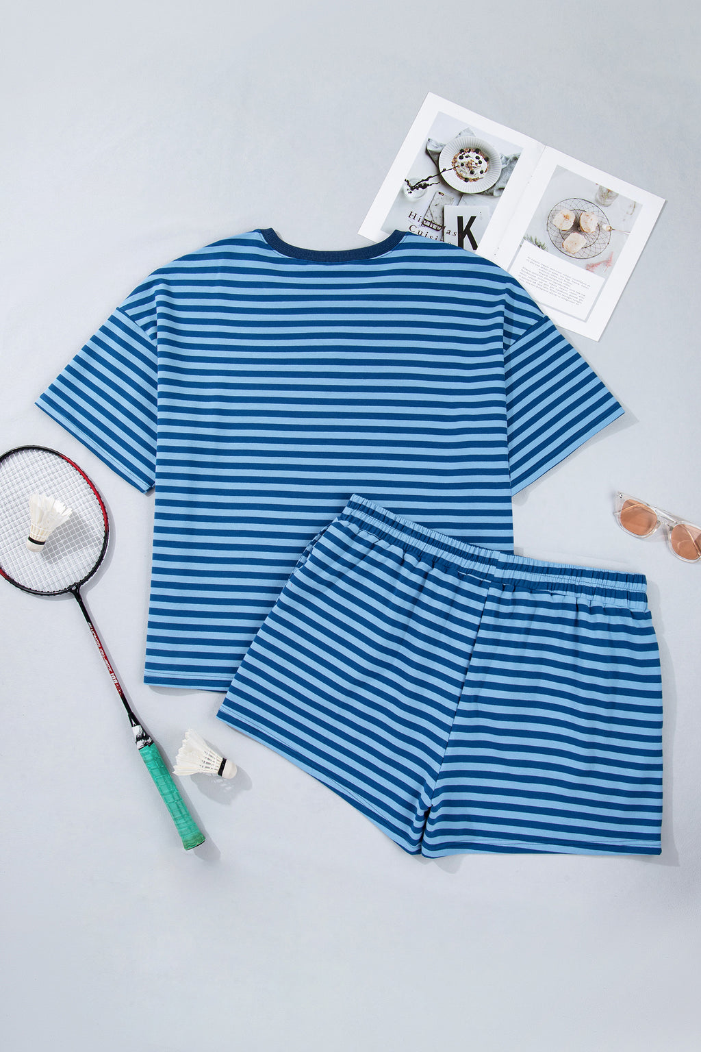 Blue Stripe Plus Size Tee and Shorts Two-Piece Set