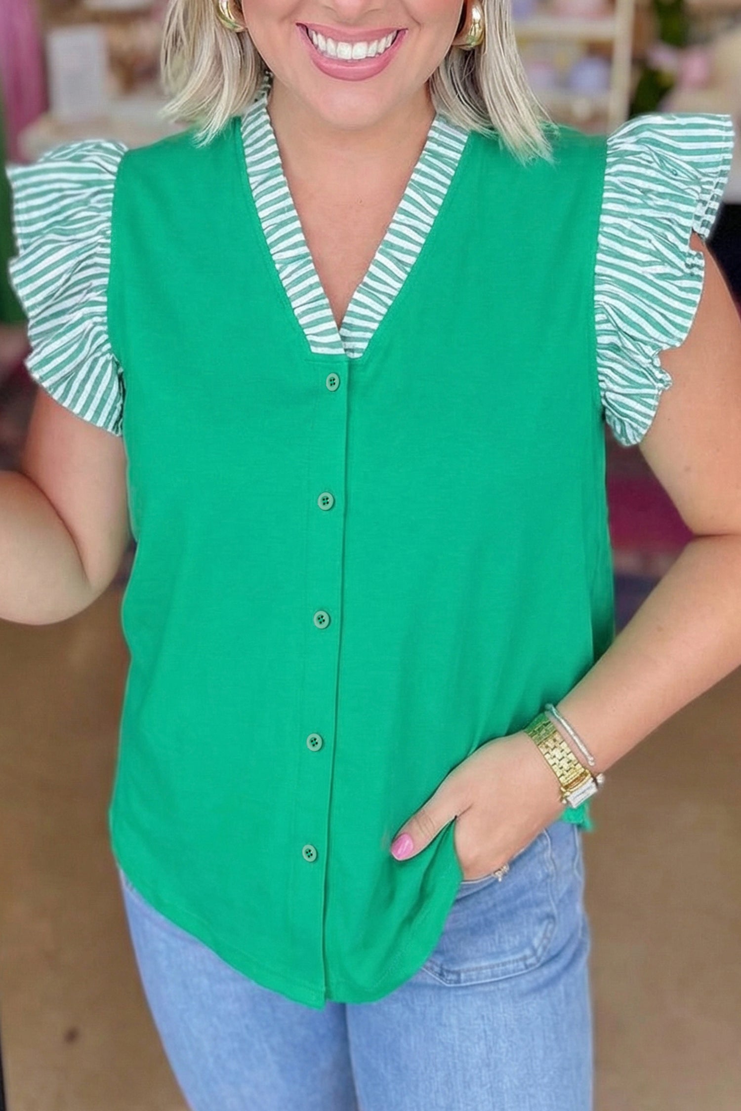 Dark Green Plus Size Flutter Sleeve Blouse
