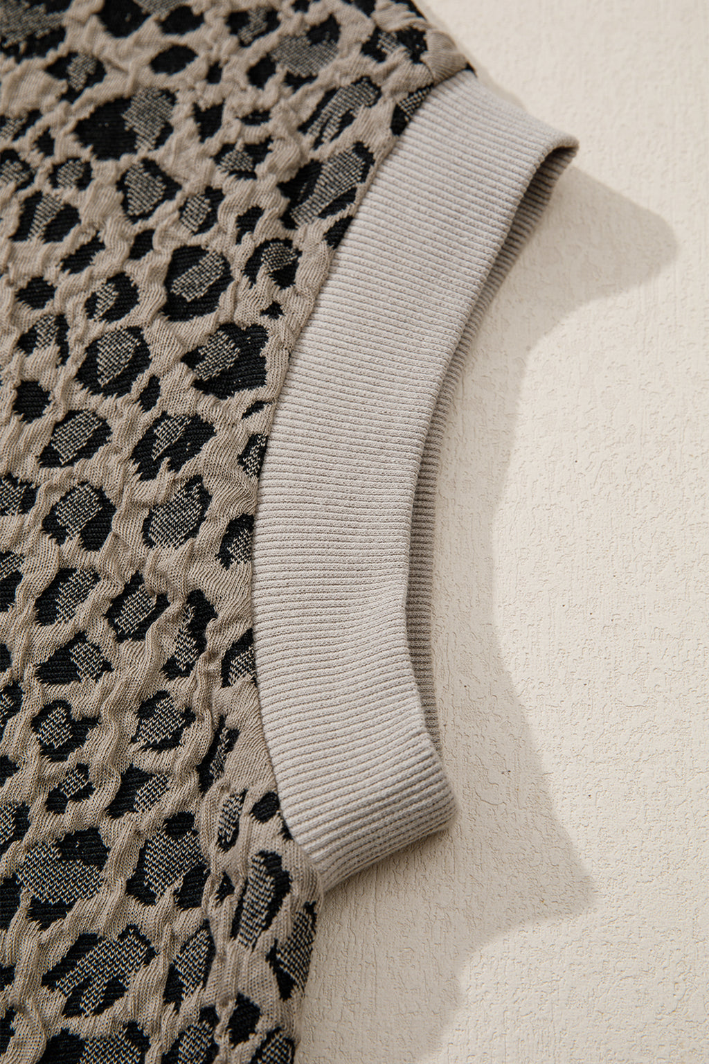 Beige Zip up Collared Leopard Sleeve Top