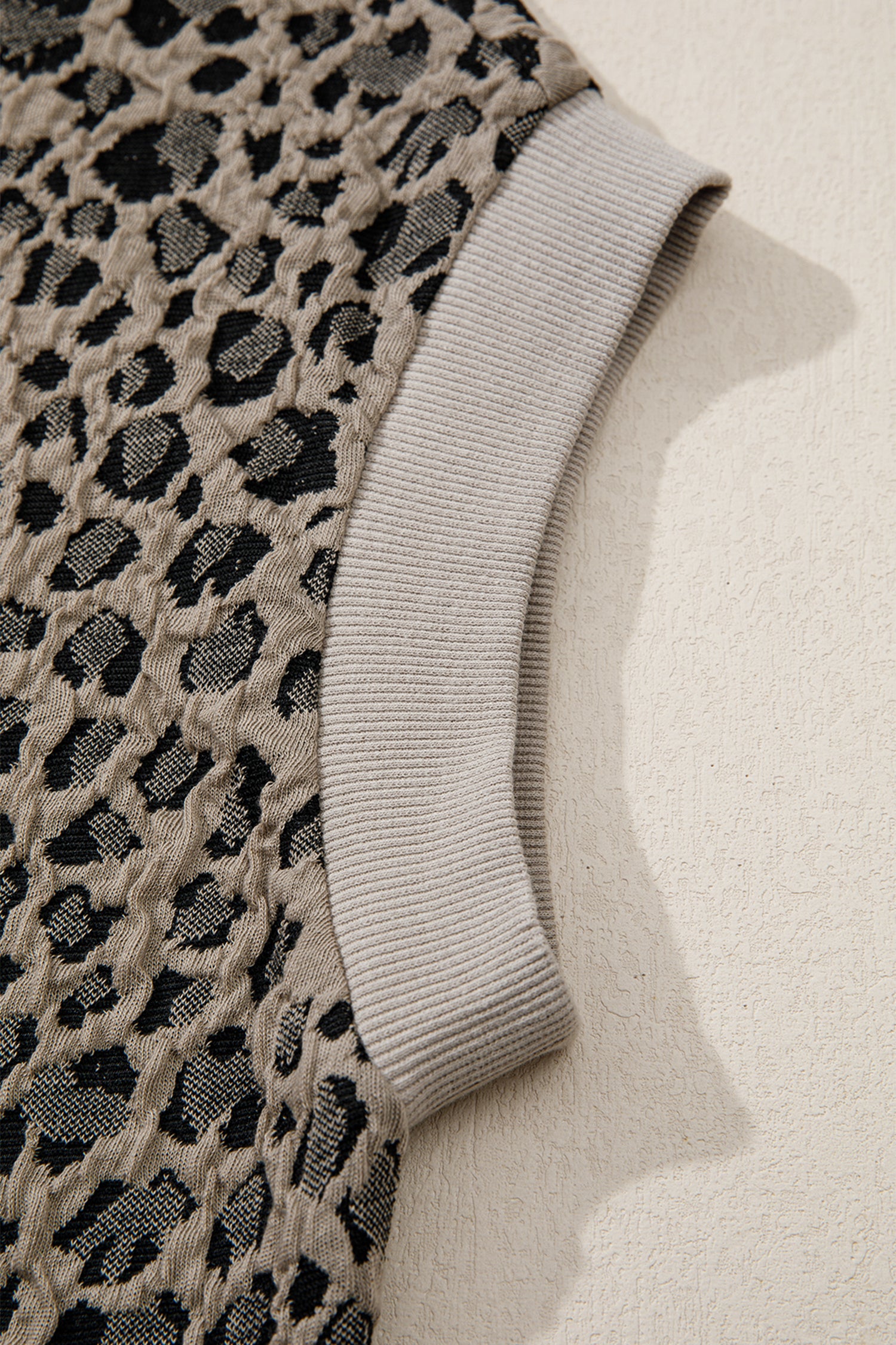 Beige Zip up Collared Leopard Sleeve Top