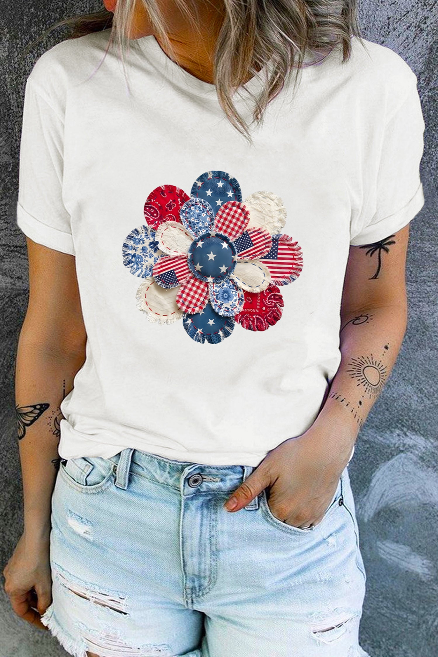White Patchwork Patriotic Flower Printed T Shirt