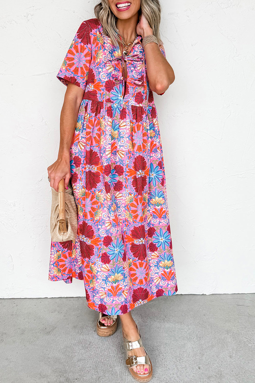 Rose Floral Print Tie Front Midi Dress