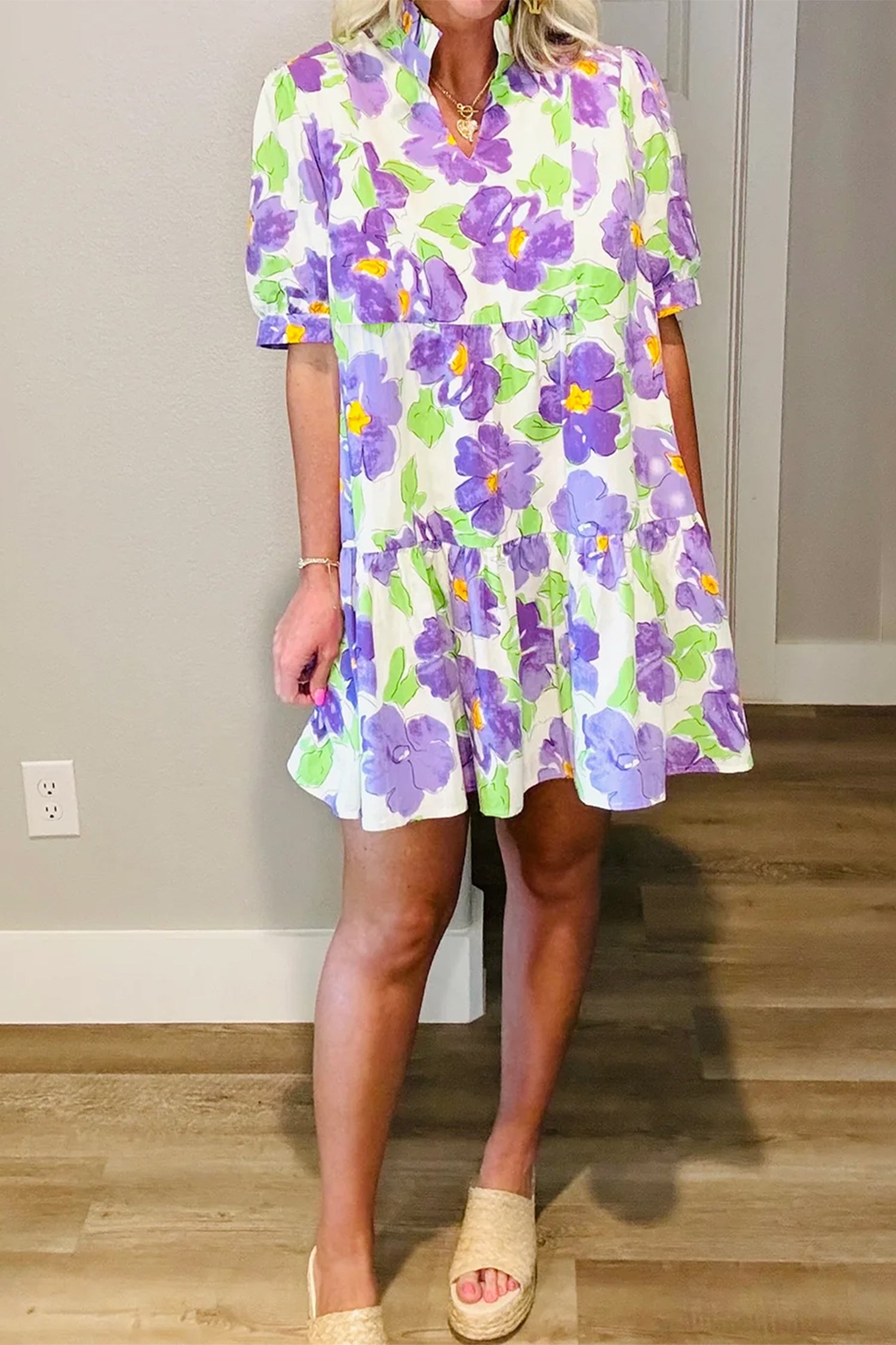 Purple Floral Tiered Ruffle Mini Dress