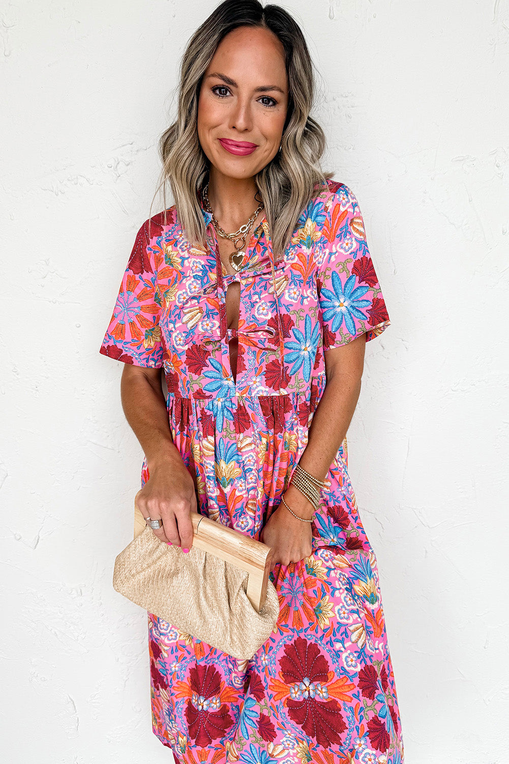 Rose Floral Print Tie Front Midi Dress