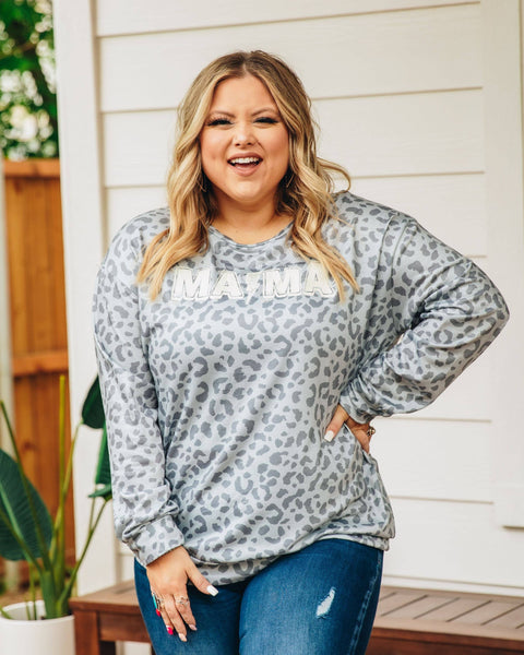 Lightning Mama on Light Grey Leopard Long-sleeve: Leopard / Small