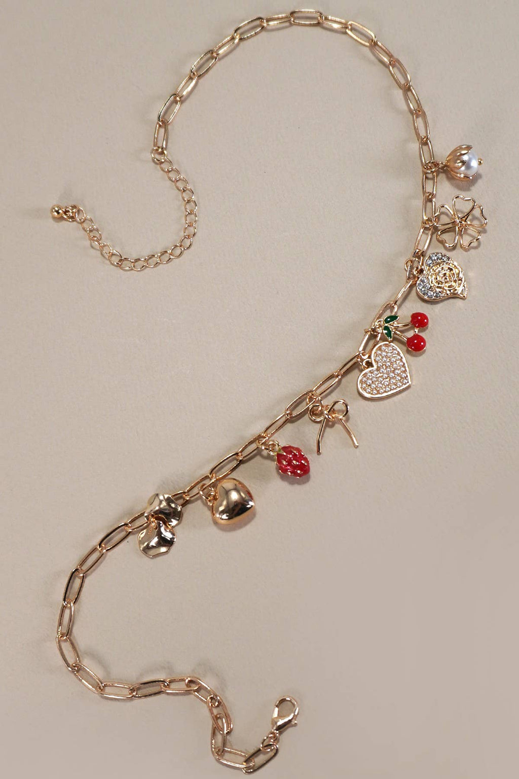 MULTI CHARM BOW CHERRY HEART NECKLACE | 80N1190: Gold