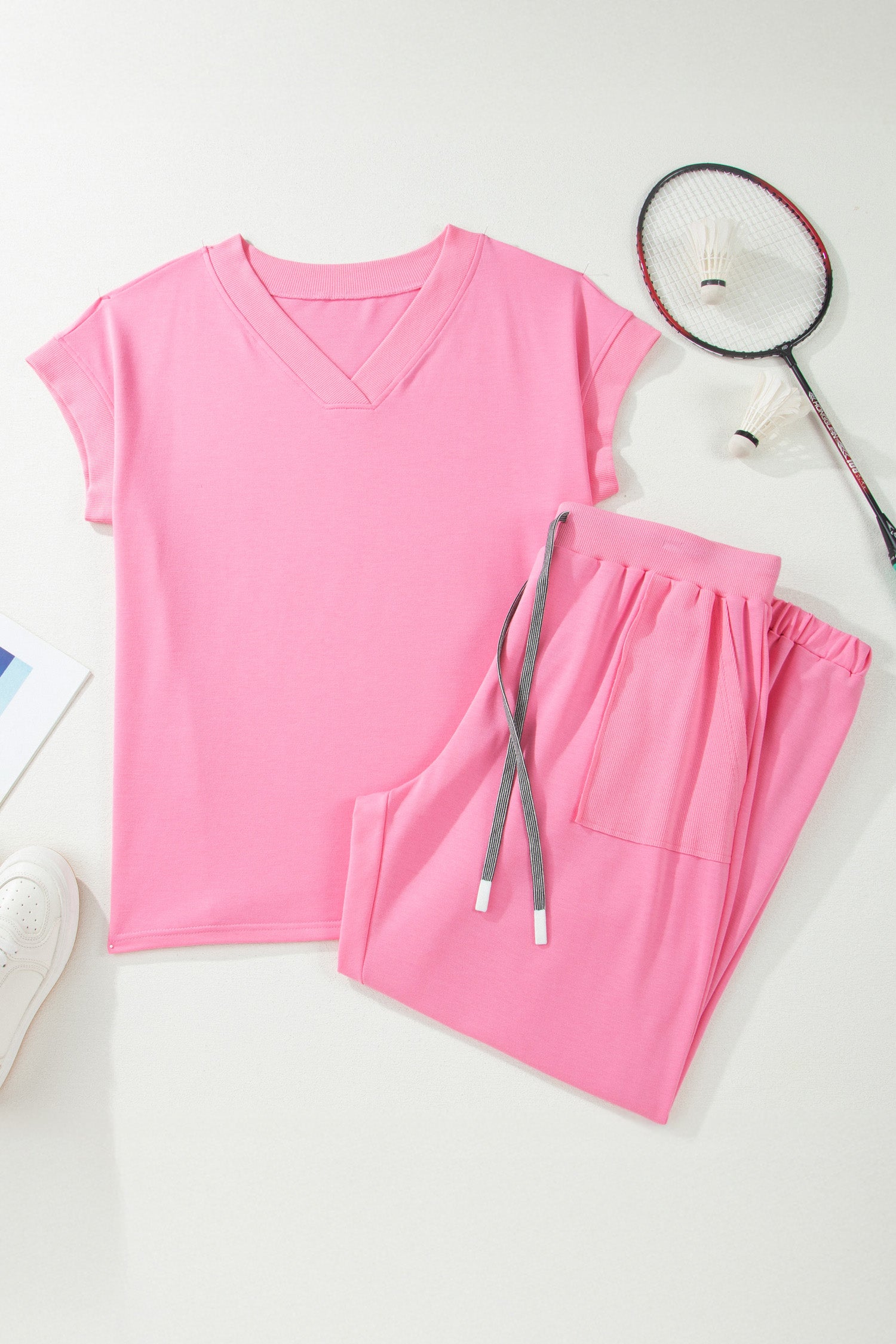 Sugar Solid V-Neck Tee and Drawstring Plus Size Pants Set