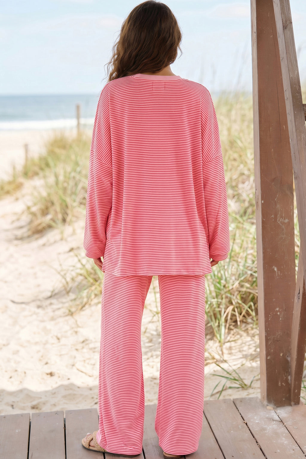Pink Striped Drop Shoulder Long Sleeve Top and Pant Set