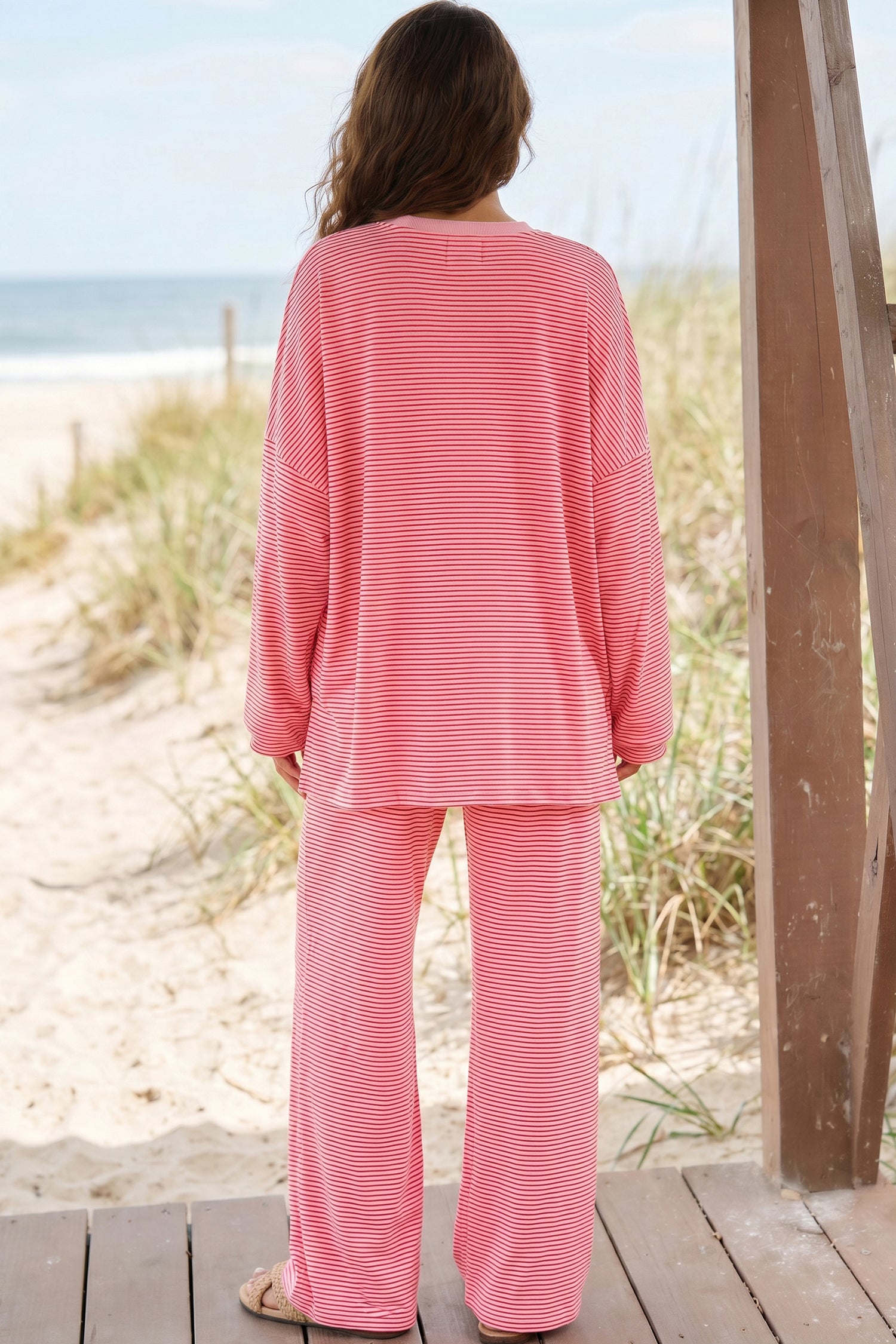 Pink Striped Drop Shoulder Long Sleeve Top and Pant Set