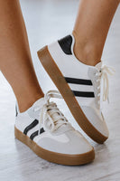 White Striped Lace Up Flat Sneakers