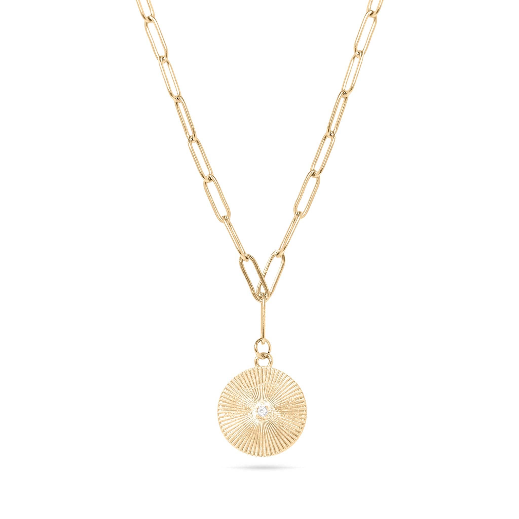 18K Gold PVD Stainless Steel Sunburst Medallion CZ Paperclip Necklace / CHN9967: Gold