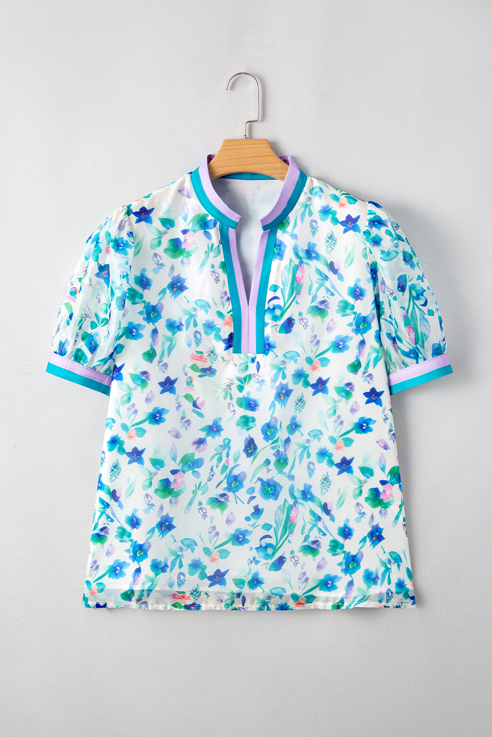 Green Floral Print Puff Sleeve Plus Size Blouse