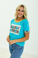 Country Bumpkin Patch Turquoise Ringer Tee: Turquoise