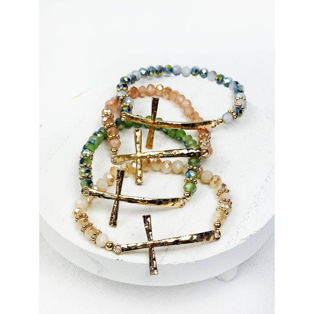 Hammered Cross Bead Stretch Bracelet: MIX COLOR / ONE(12)