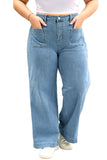 Dusk Blue Patched Pocket Textured Wide Leg Jeans