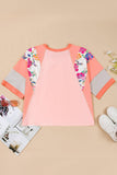 Plus Size Floral Print Patchwork Raglan Half Sleeve Top: Orange / Plus Size / 3X
