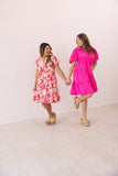 Hot Pink Puff Sleeve Button-Up Dress: Pink / 3XL