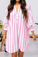 Striped Long Sleeve Buttons Loose Mini Dress (S-XL): Pink / Missy / L