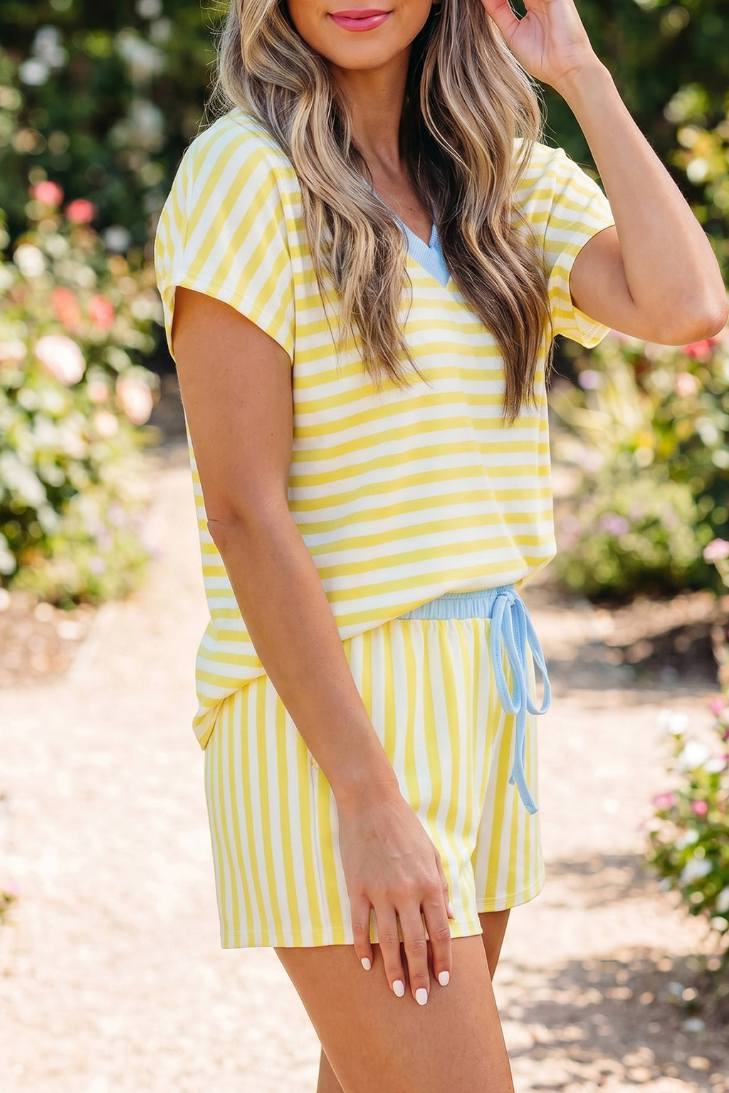 Pink Stripe Colorblock Tee Drawstring Elastic Waist Short Set