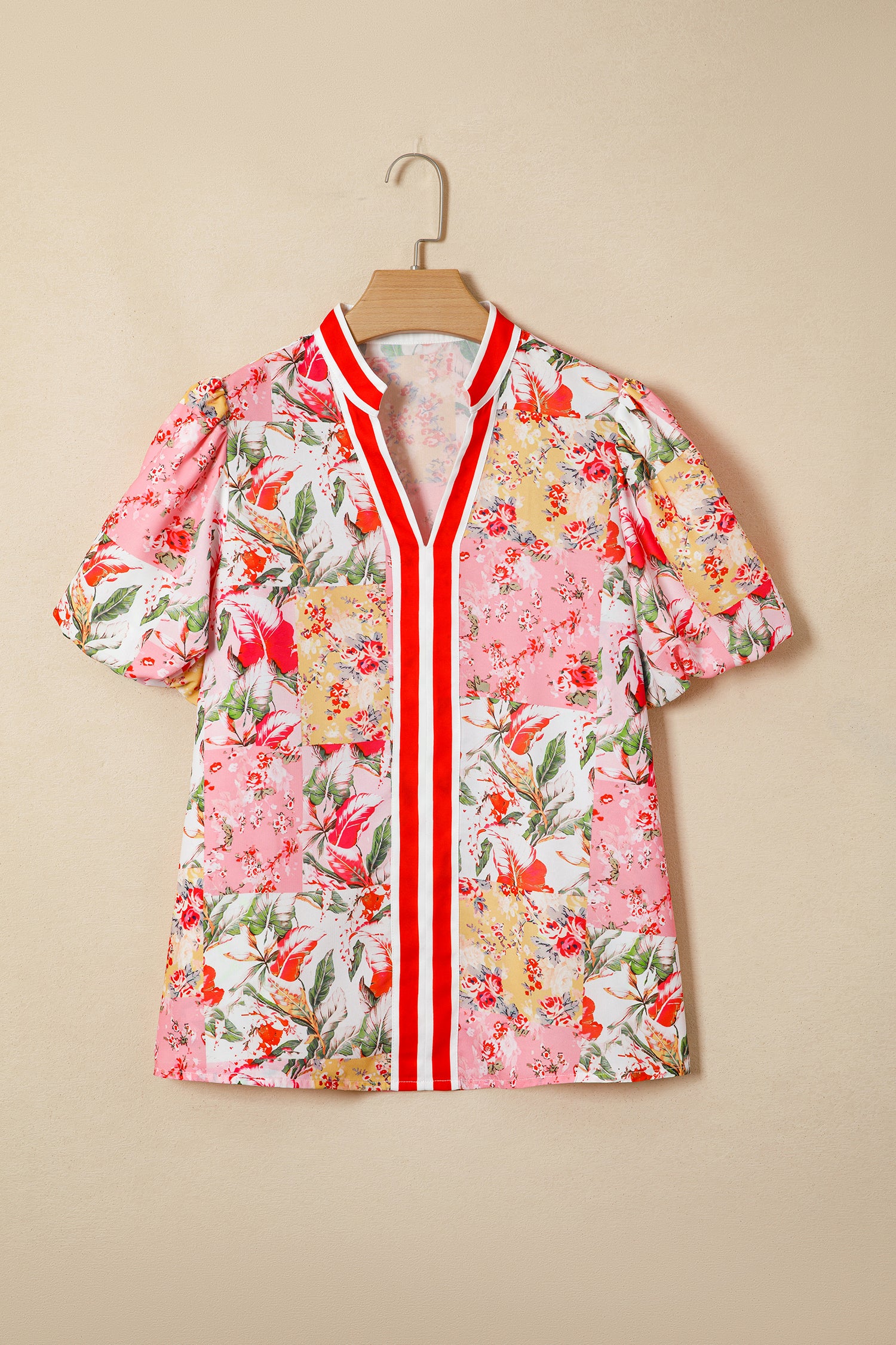 Pink V Neck Short Sleeve Floral Blouse