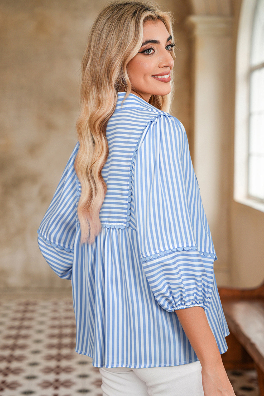 Blue Striped Ric Rac Trim Collared V Neck Blouse