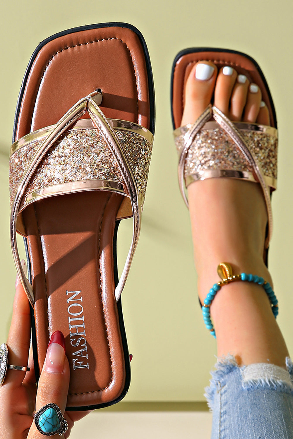 Gold Glitter Clip Toe Slippers