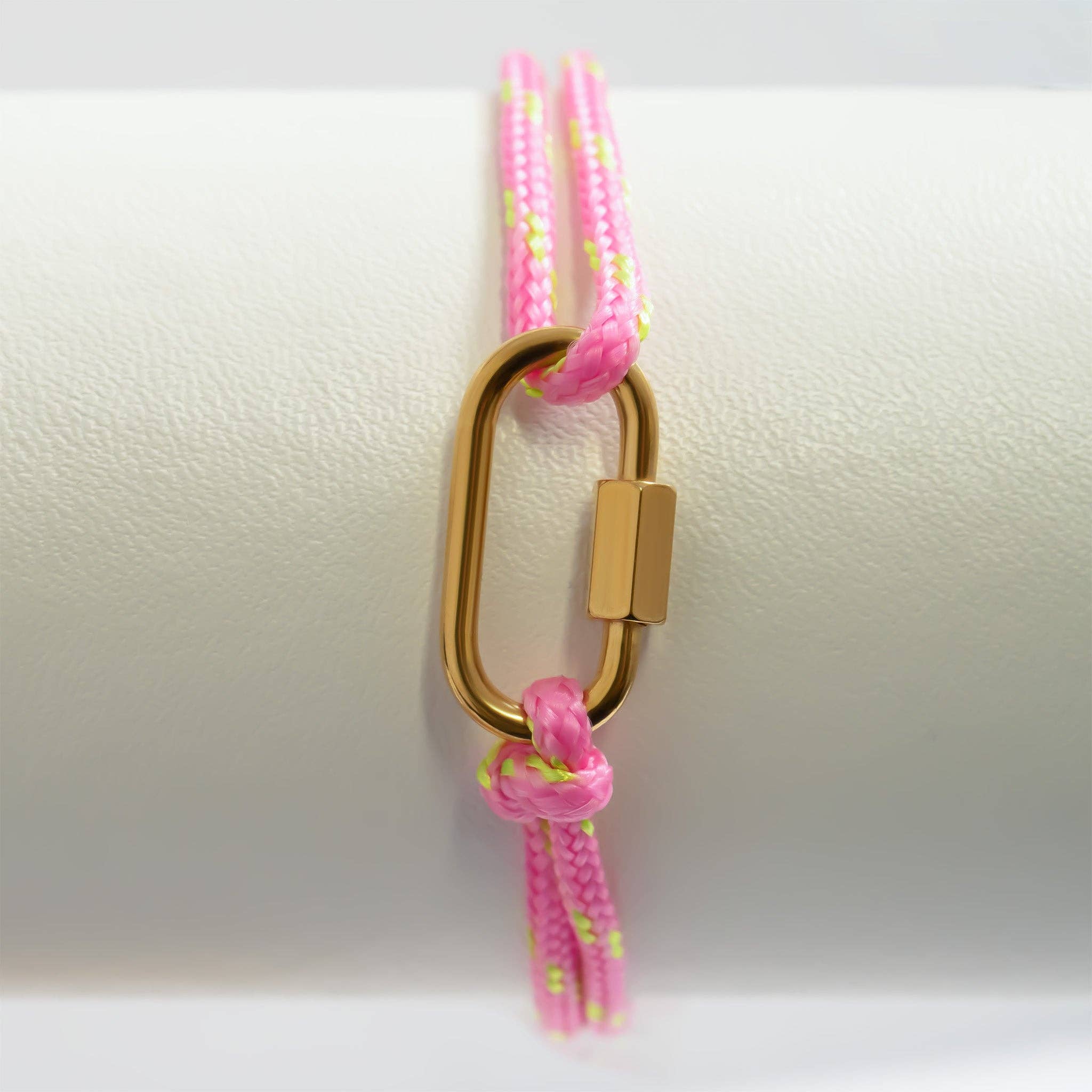 18K Gold PVD Stainless Steel Pink Rope Carabiner Bracelet: Gold