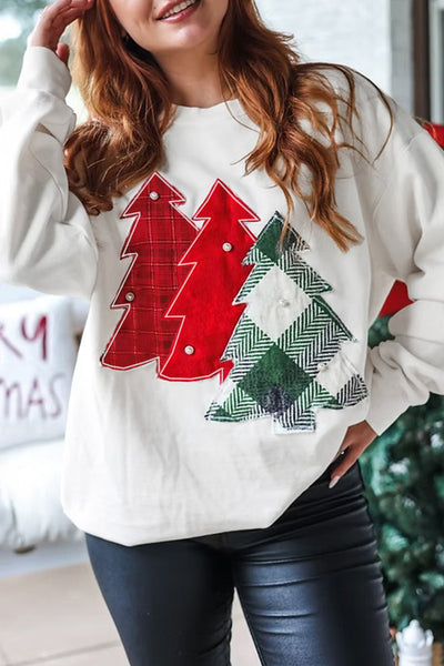 White Pearl Plaid Christmas Tree Patched Drop Shoulder Sweatshirt