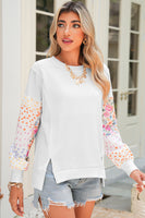 White Floral Dotted Print Patchwork Sleeve High Low Sweatshirt