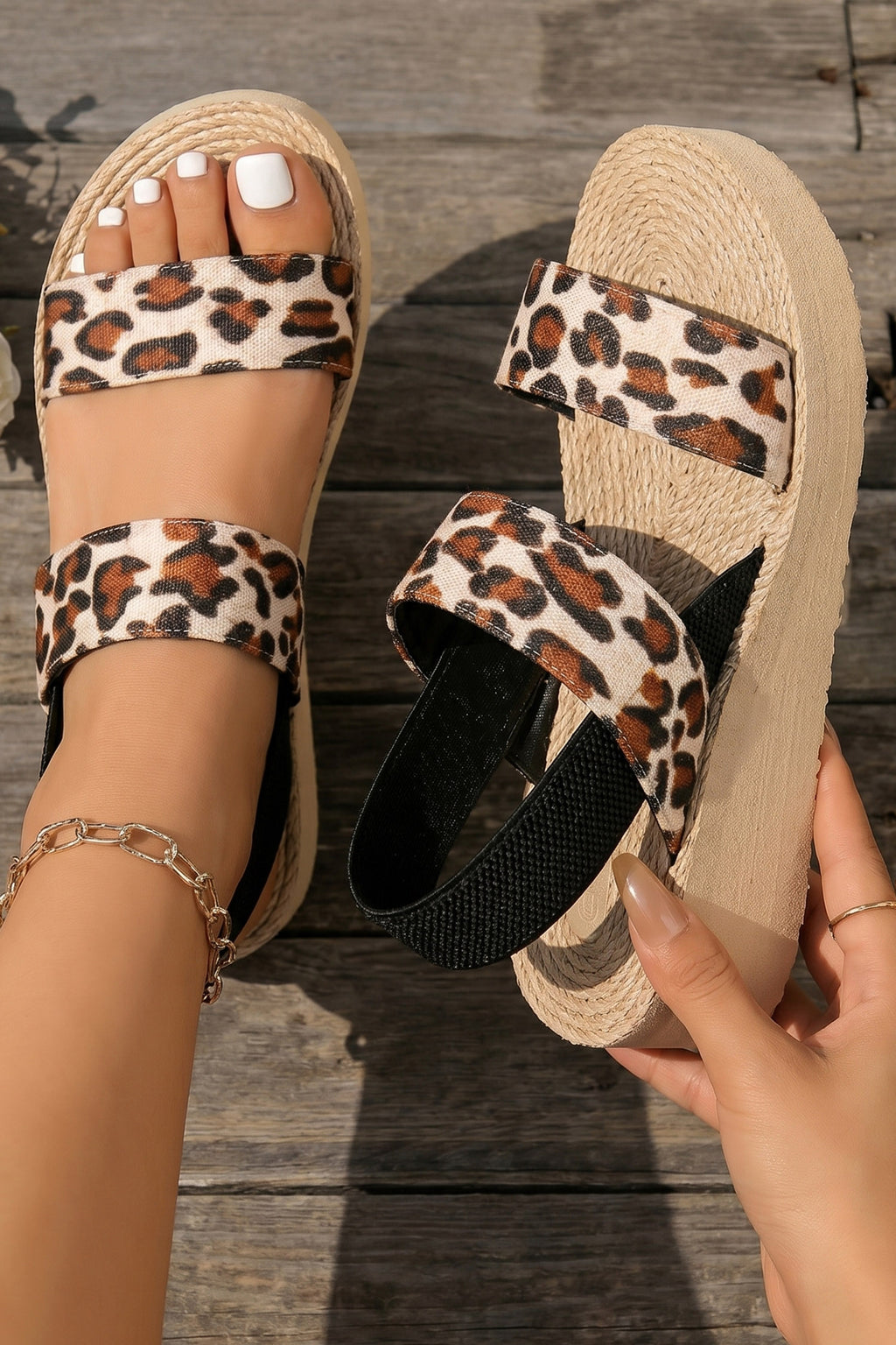 Leopard Double Straps Woven Textured Sole Casual Sandals