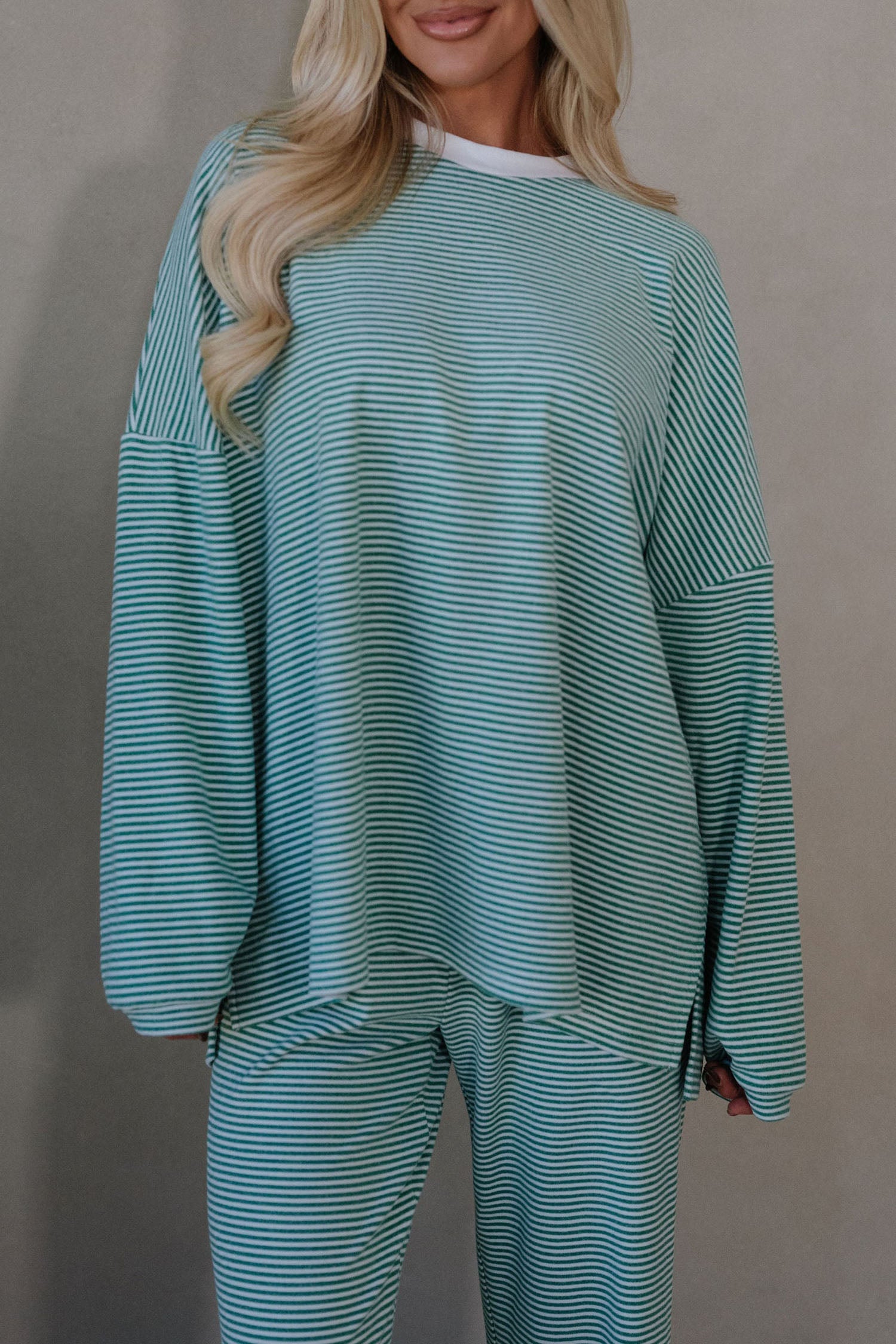 Pink Striped Drop Shoulder Long Sleeve Top and Pant Set