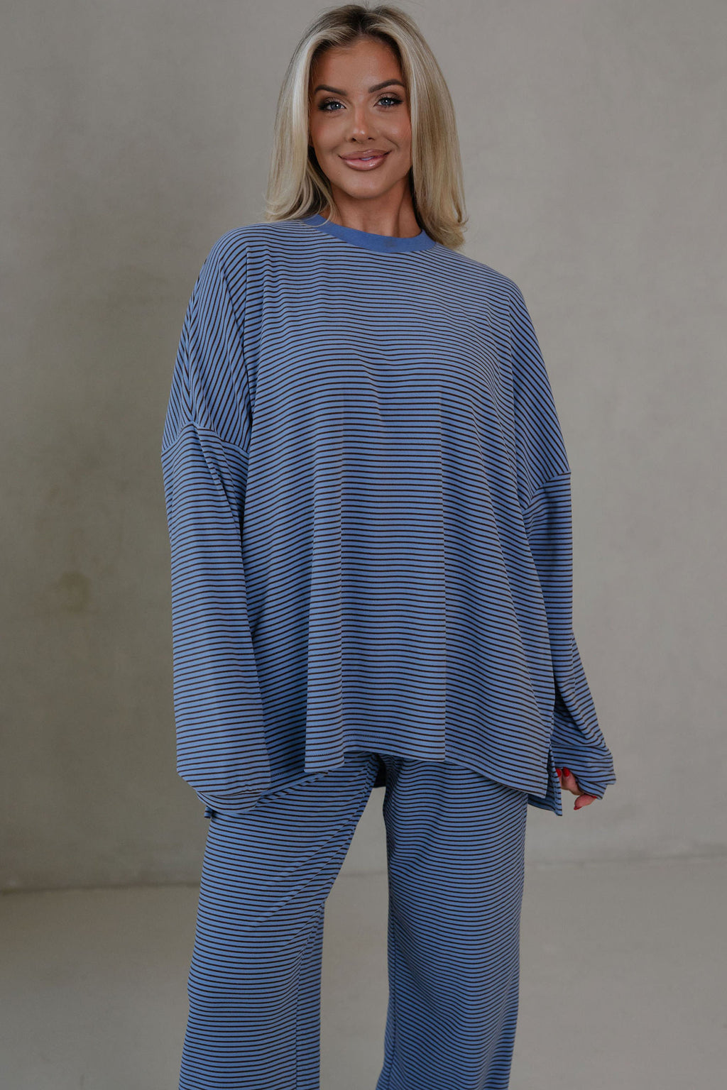 Pink Striped Drop Shoulder Long Sleeve Top and Pant Set