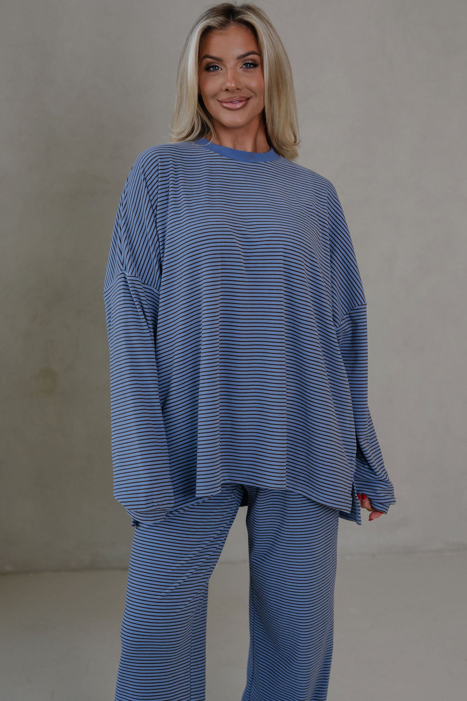 Pink Striped Drop Shoulder Long Sleeve Top and Pant Set